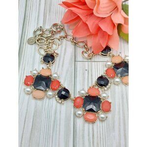 White House Black Market Statement Necklace Faux Pearls Gold Tone Pink Black Col